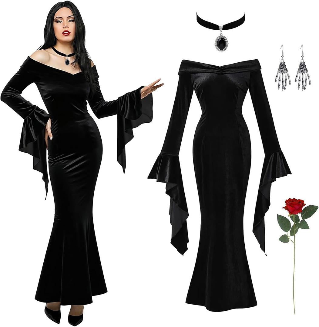 Halloween Costumes Morticia Addams Vintage Gothic Black Long Dress Outfit Women Red Roses Flowers Necklace Earrings (Large)
