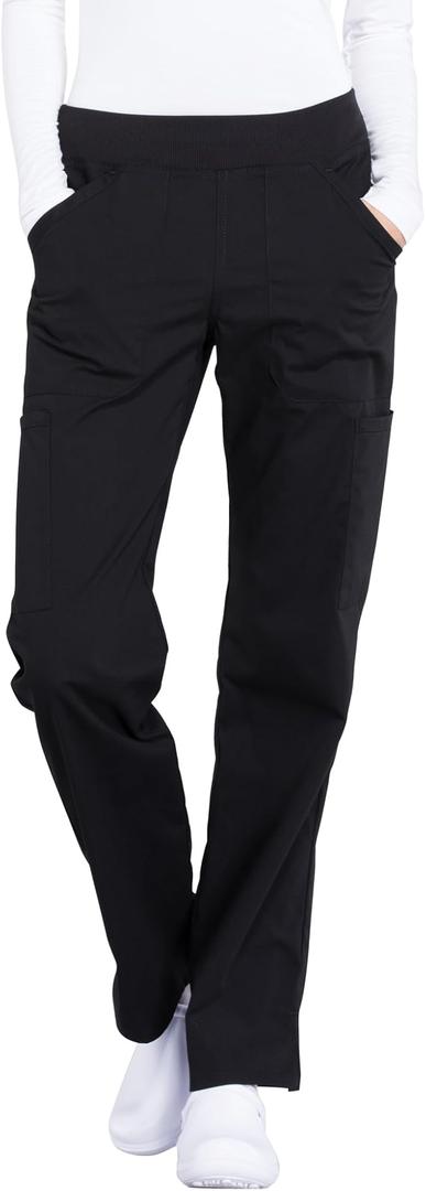 CHEROKEE Workwear Professionals Women Scrubs Pant Mid Rise Straight Leg Pull-on Cargo WW170T, Small Tall, Black