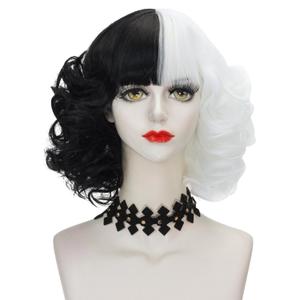 LABEAUT Black and White Wig with Bangs Short Curly Wavy Hair for Kids Women Girls 2021 Two Tone Half and Half Party Halloween Wig + Free Cap