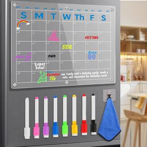 Colored Reusable Fridge Calendar 15"x11", Magnetic Calendar for Refrigerator, Acrylic Whiteboard Calender Dry Erase, workable on Dark and Light Background. 8 Markers and erasers(Blue).