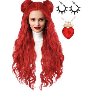 Womens Red Costume Wig with Buns Necklace Earrings Long Red Wavy Hair Wigs for Adults Halloween Cosplay (Adults)