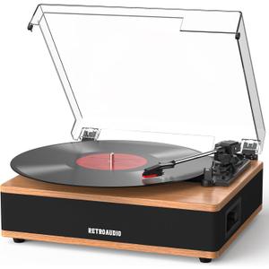 Vinyl Record Player Bluetooth Turntable with Built in Stereo Speakers Belt Drive 3 Speeds Vintage Turntables for Vinyl Records Support RCA Output, Aux in, Auto Stop, Light Walnut