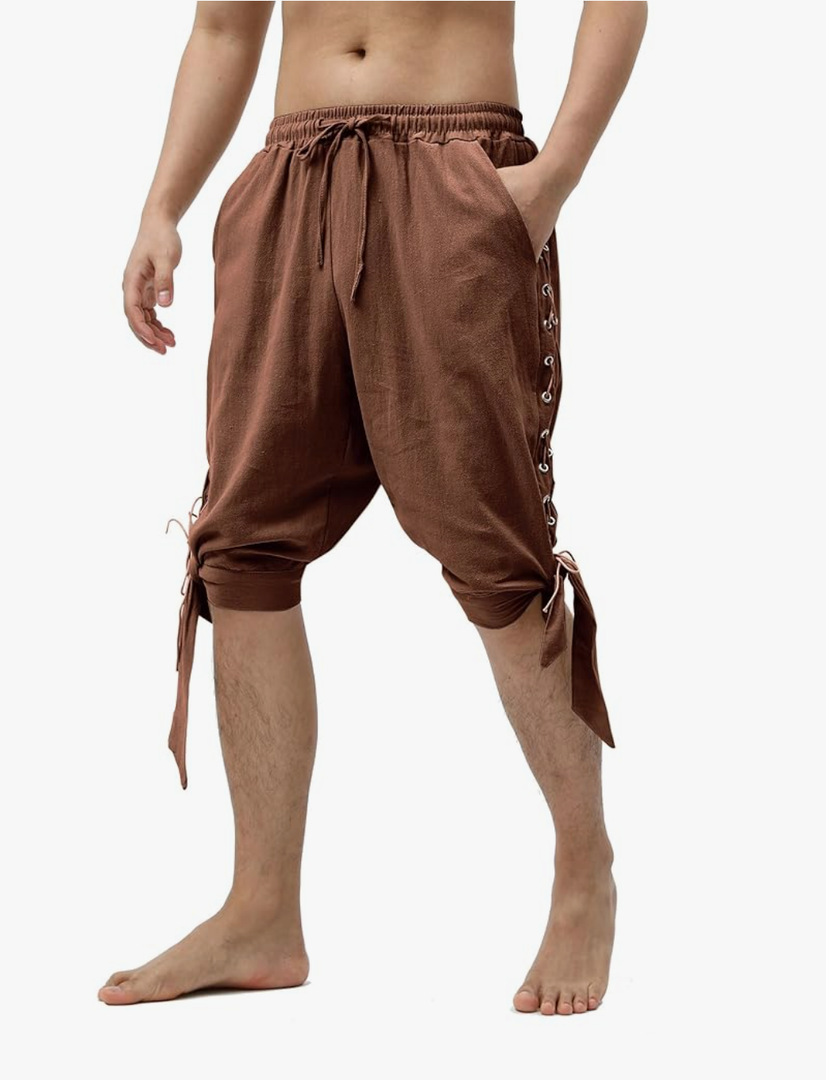 Mens Pirate Shorts Renaissance Viking Costume, Medieval Lace-up Banded Pants Cotton Linen Cosplay Outfitss
Size M