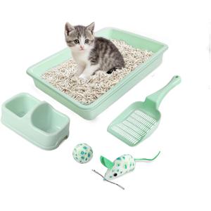 PAWISE Cat Litter Box Set, Small Kitten Starter Kit, Includes Litter Box, Litter Scoop, Double Dish Feeding Bowl, Cat Mouse Toy, Kitty Ball Toy, Green