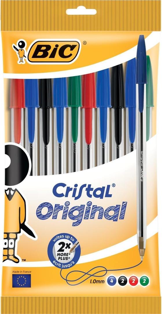 BIC Cristal Original Ballpoint Pens, Every-Day Biro Pens, Fine Point (1.0 mm), Ideal for School, Black Ink, Pack of 10 (Black, Blue, Green)