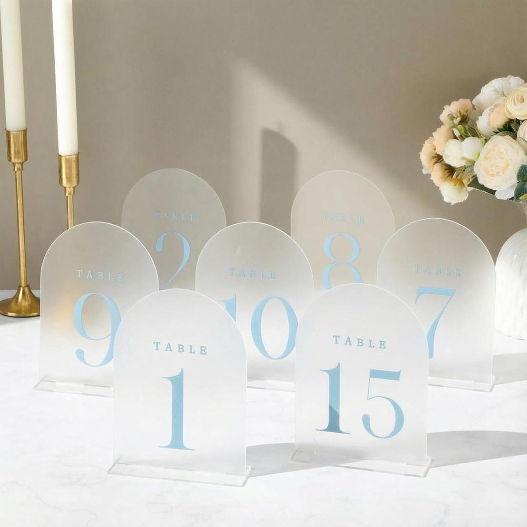 15 Pcs Frosted Arch Wedding Table Numbers with Stands 1-15, 5"x7" Acrylic Display Signs and Holders, Perfect for Centerpiece, Reception, Party, Anniversary, Banquet, Event (Dusty Blue)