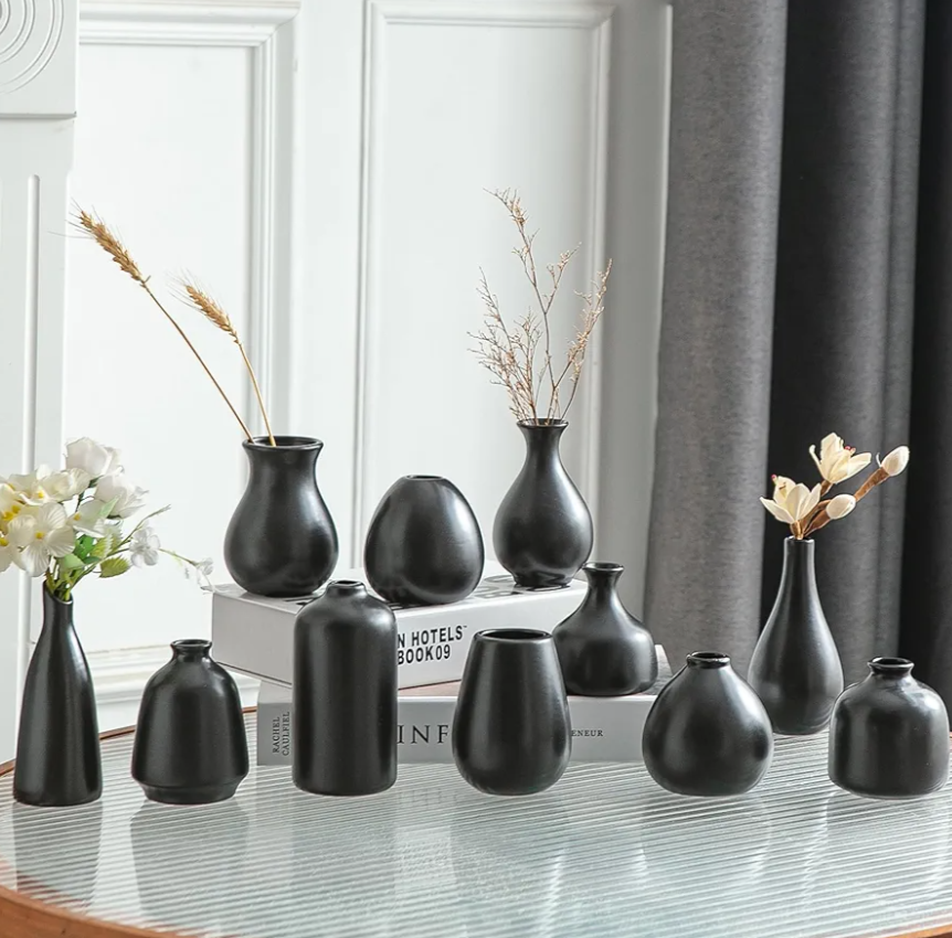 Black Bud Vases, Small Ceramic Vase Set of 11, Mini Pottery Vases for Flowers, Decorative Pieces for Home Modern Decor, Boho Decor, Chic Accents for Living Room Dining Table Shelves