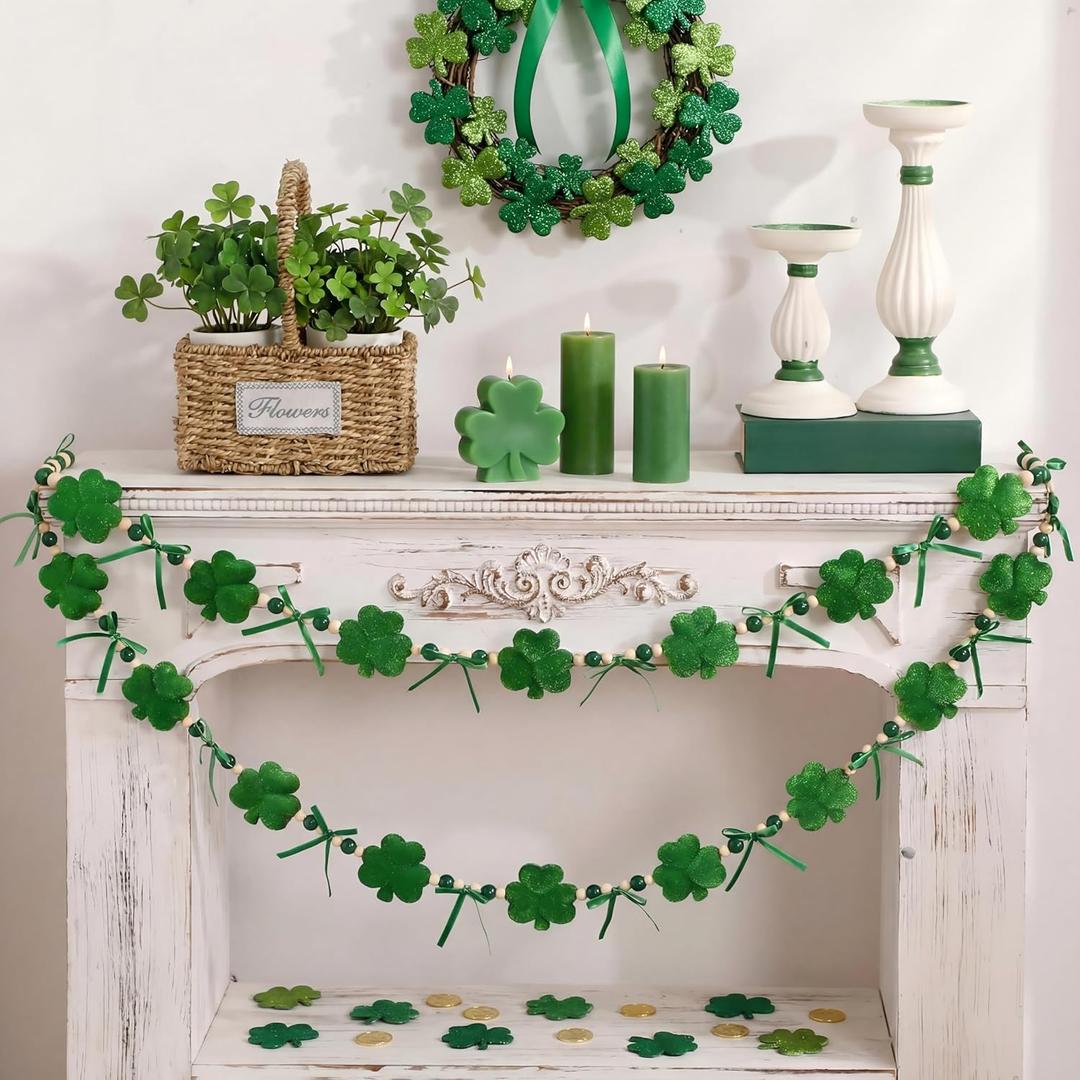 Gilprop St. Patrick's Day Garland Decorations Velvet Shamrock Hanging Banners with Wood Bead 4.92 ft Irish Clover Garland for St Patricks Day Party Holiday Fireplace Mantel Indoor Wall Home Decoration