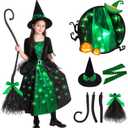 Poshetion Witch Halloween Costume for Girls - Light Up Toddler Witch Dress with Broom & Hat, Glow in the Dark for Wicked Parties (Green, Medium)