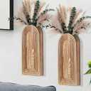 Set of 2 Wooden Wall Vases with Dried Pampas Grass & Eucalyptus, Boho Farmhouse Decor for Living Room, Entryway, Bathroom, Rustic Home Art(Brown)