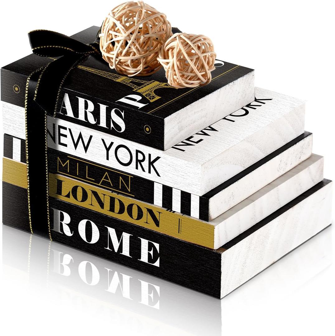 Geetery 5 Pcs Wooden Books Decor for Home with 2 Rattan Balls Fake Modern City Stack Book Aesthetic for Living Room Farmhouse Coffee Table Shelf Decor