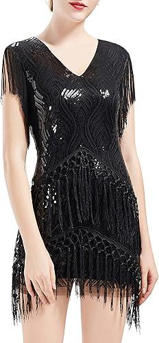 BABEYOND 1920s Flapper Dress Fringed Sequin Dress Roaring 20s Fancy Dress Gatsby Costume Dress V Neck Vintage Beaded Evening Dress, XL, Black