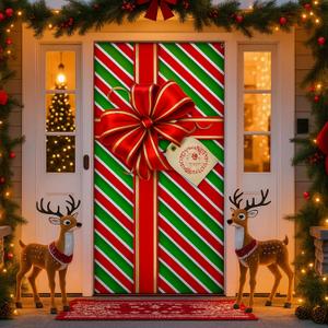 Tudomro 2 Pcs Christmas Door Covers Decoration Red and Green Stripe 35 x 79 Inch for Front Door Gift Merry Box Bowknot Sign Polyester Holiday Banner for Wall Xmas Party Decor
