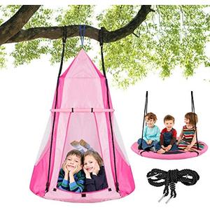 Costzon 2 in 1 Kids Detachable Hanging Chair Swing Tent Set, Hammock Nest Pod Hanging Swing Seat for Boys/Girls, Children Outdoor Indoor Swing Play House with Play Tent, Max Capacity 330 LBS (Pink)