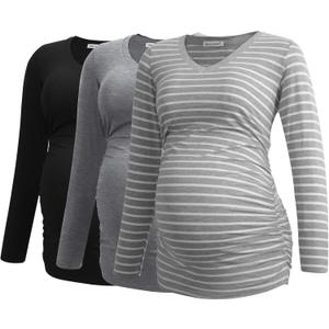 Smallshow Women's V-Neck Maternity Shirt Clothes Long Sleeve Ruched Pregnancy Top (X-Large, Black-light Grey-light Grey Stripe(3 Pack))