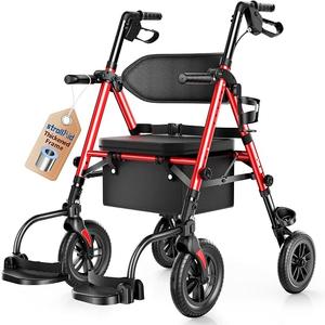 Walkers for Seniors, 2 in 1 Rollator Wheelchairs Combo with Seat 10" All-Terrain Wheels,300 lb Capacity, Adjustable Seat & Handles, Foldable Transport Chair with Brakes, Red