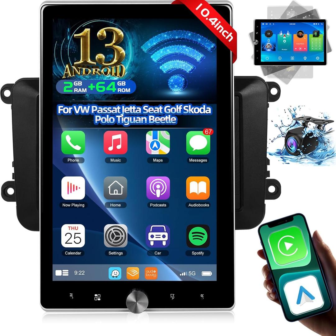 [2+64G] 10.4 Inch Vertical Rotate Touchscreen Android Radio for VW Passat Jetta Seat Golf Skoda Polo Tiguan Beetle with Wireless CarPlay & Android Auto, WiFi, GPS, Mirror Link, SWC + AHD Backup Camera