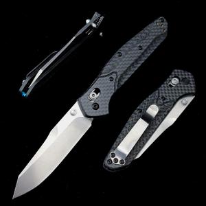 HUAAO Manually Operated Button-Lock Knife EDC Folding Pocket knives For Men, D2 Reverse Tanto Blade, Plain Edge,Satin Finish, Black Carbon Fiber Handle With Deep Carry Pocket Clip
