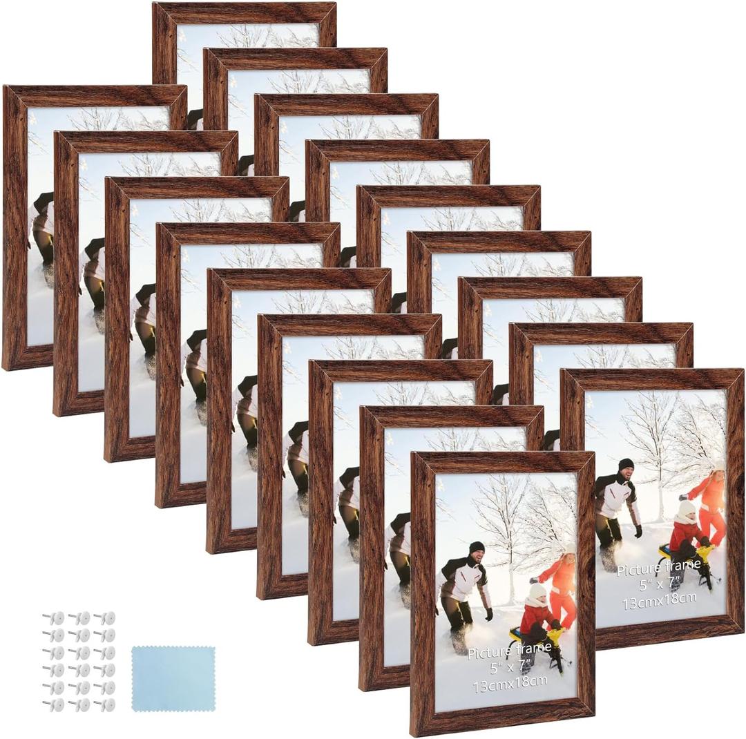 PHAREGE 5x7 Wood Grain Picture Frame Bulk, Set of 18, Coffee Brown Wood Color Rustic Picture Frame for 5x7 Family, Wedding, or Team Photos, Tabletop or Wall (5x7 inch)