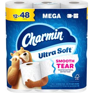 Charmin Ultra Soft Toilet Paper, 12 Mega Rolls = 24 Regular Rolls, 2-ply Bath Tissue