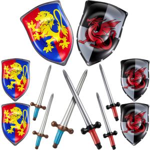 Poen 12 Pcs Inflatable Sword and Shield Knight Party Favors Set Blow up Medieval Sword Shield for Prince Party Favors Decorations Cosplay Accessories (Lion, Dragon)