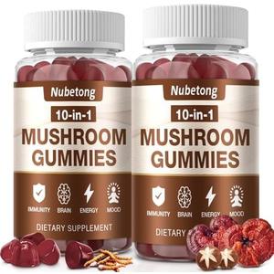 Mushroom Gummies - 10x Mushroom Supplement for Adults with Lion's Mane, Reishi, Chaga and Turkey Tail - Brain Booster, Immune Support, Stress Relief and Focus Support (2 Pack), Best Before 11-20-2026