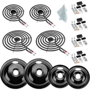 5304430149 5304430150 Porcelain Drip Pan Set & MP22YA Electric Range Burner Element Unit Set with 330031 Range Burner Receptacle Kit Compatible with Frigidaire Kenmore Range Oven/Stove by Cenipar