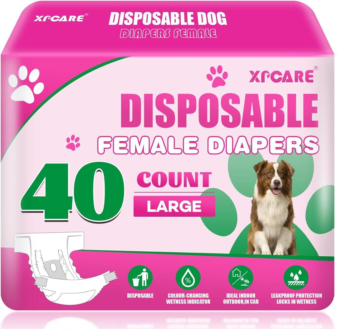 XPCARE 40 Count Disposable Female Dog Diapers, Super Absorbent, Leak Proof, Dog Diapers,Dog Period Diaper Female, for Incontinence, Estrus Female Dogs (Large)
