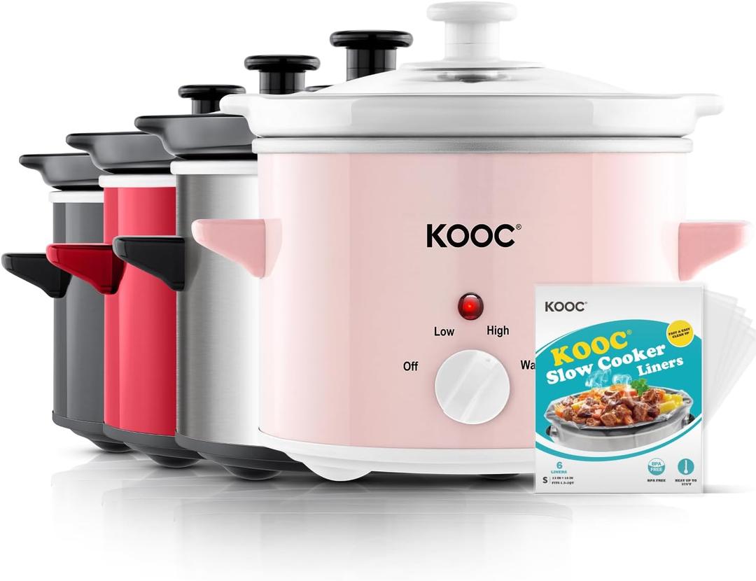 KOOC Small Slow Cooker, 2-Quart, Free Liners Included for Easy Clean-up, Upgraded Ceramic pot, Adjustable Temp, Nutrient Loss Reduction, Stainless Steel, Pink, Round