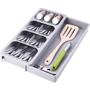 Expandable Kitchen Drawer Organizer, Adjustable Cutlery Trays and Utensil Holder, Kitchen Drawer Dividers Storage for Silverware, Flatware, Knives, Spoons, Gray