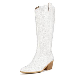 IDIFU IN3 Rhinestone Cowboy Boots For Women Knee High Western Cowgirl Boots Pointed Toe Block Chunky Heels Sparkly Glitter Long Tall Dress Booties Party Bling Shiny Boots (8)