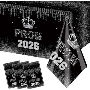 MEHOFOND Prom 2026 Tablecloth 3 Pack Black Silver Graduation Table Cover 54 x 108 Inch Disposable Plastic Prom Party Decorations Class of 2026 Prom Send Off Supplies