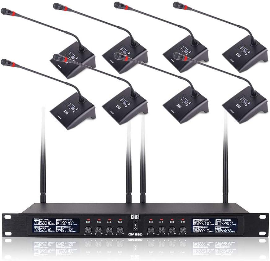 XTUGA CM280 8 Channel Wireless Gooseneck Microphone System, UHF Fixed Frequency Conference Mics with Crystal-Clear Audio for Corporate Boardrooms, Government Meetings & Large Conferences