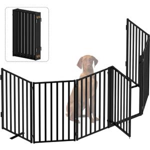 Portable Dog Fence with Door for Indoor Outdoor Use, Free Standing Dog Gate Foldable Design, Metal Black 32" Tall, Expandable 6 Panels Use for Yard, Stairs, Front