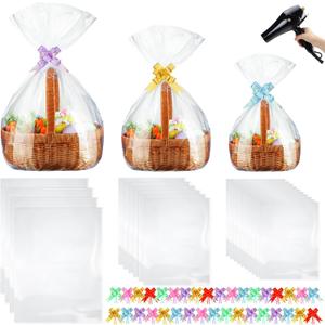 CHENGU 80 Pcs 3 Sizes Shrink Wrap Bags for Gift Baskets 20" x 28" 16" x 24" 14" x 18" Clear plastic Heat Shrink Cellophane Bags and 6 Color Pull Bows for easter Christmas Baskets Packaging