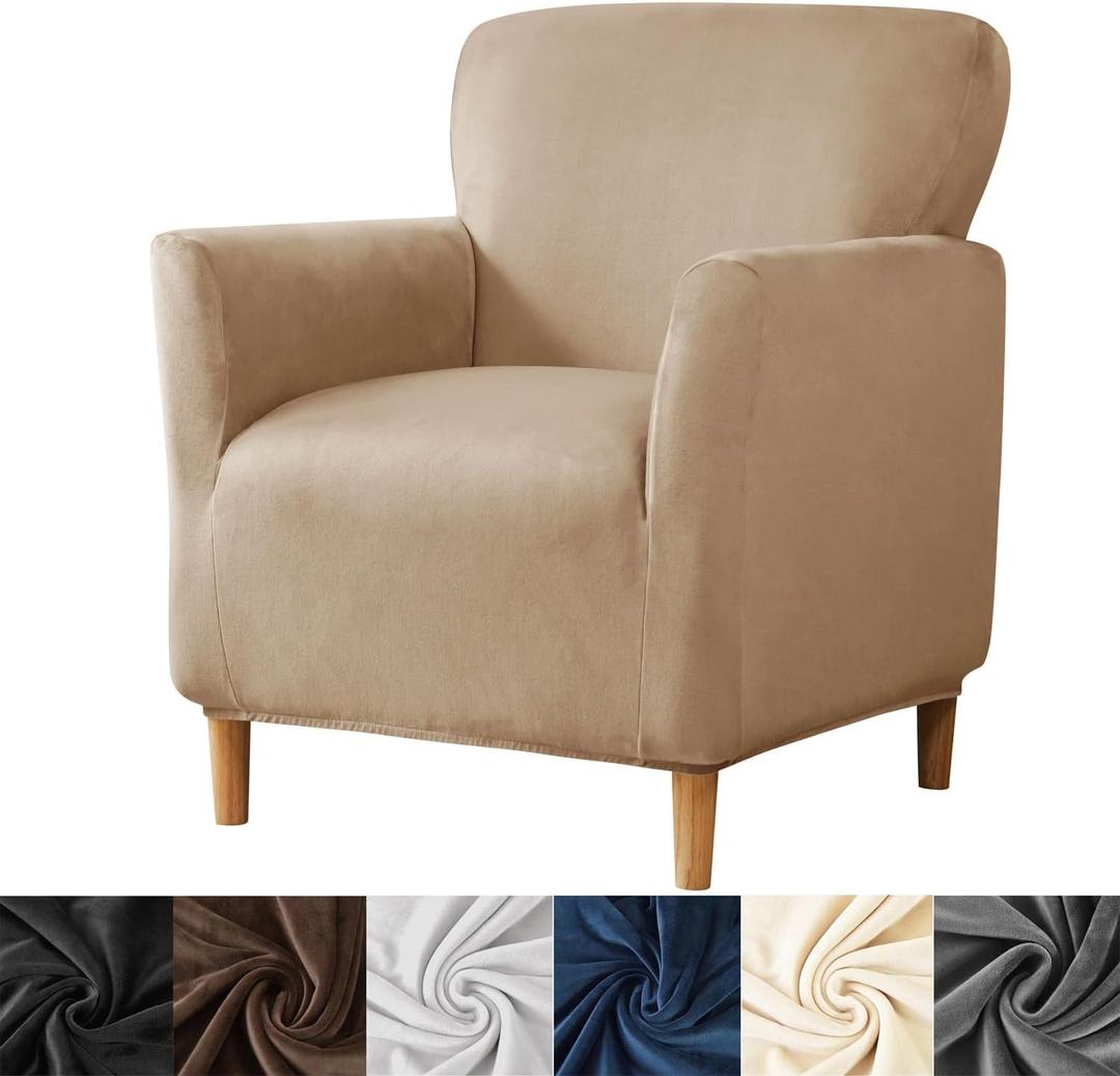 HFCNMY Banquet Armchair Slipcover,Stretch Velvet Armchair Cover Soft Chair Covers with Arms for Living Room Furniture Protector Khaki