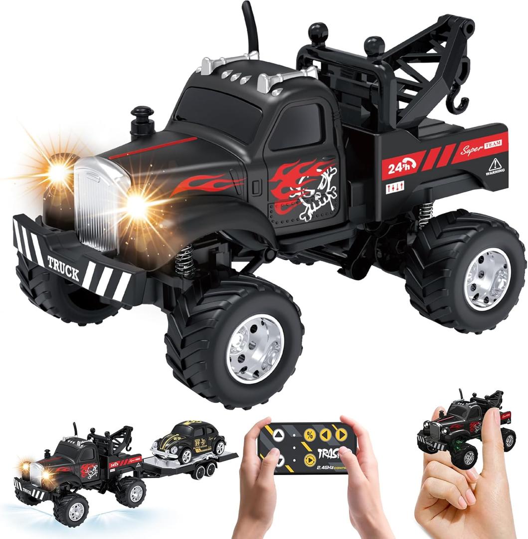 MOONTOY 1:64 Scale Mini Alloy Truck RC Car with LED Lights, 2.4Ghz Remote and App Control Toy Car, 3-Speed Adjustment Pocket Toy Car for Kids 4-8 Years and Adults (Black)