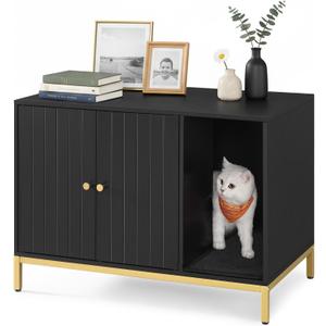 Feandrea Cat Litter Box Enclosure, Hidden Litter Box Furniture with Scratch Pad, Front Entry, Double Cabinet Doors, Modern Style, 31.5" Cat House Washroom Side End Table, Black and Gold