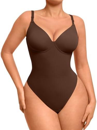 FeelinGirl Shapewear Bodysuits for Women Tummy Control, Thong Body Suit Deep V Neck Corset Top Body Shaper, Brown,  L FeelinGirl Shapewear Bodysuits for Women Tummy Control, Thong Body Suit Deep V Neck Corset Top Body Shaper, Brown,  L