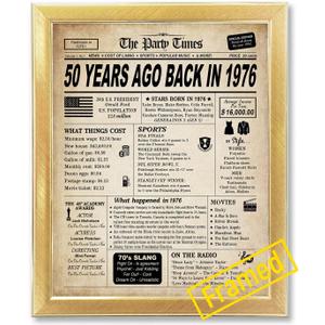 GIFTSFARM 50th Birthday Decorations Framed for Women or Men, Classy Vintage Table Decor, Birthday Card Poster for Him or Her Turning 50 Years Old, Back in 1976 Print (Gold Frame)
