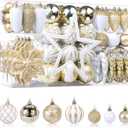 SHareconn 106PCS Christmas Balls Ornaments Set, Colorful Shatterproof Plastic Decorative Baubles for Xmas Tree Decor Holiday Wedding Party Decoration with Hanging Hooks, Gold &White