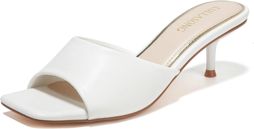 Women's Kitten Heels Sandals Low Heels Slip On Slides 2 Inch Heeled Square Open Toe Sandals for Women (6.5, White)