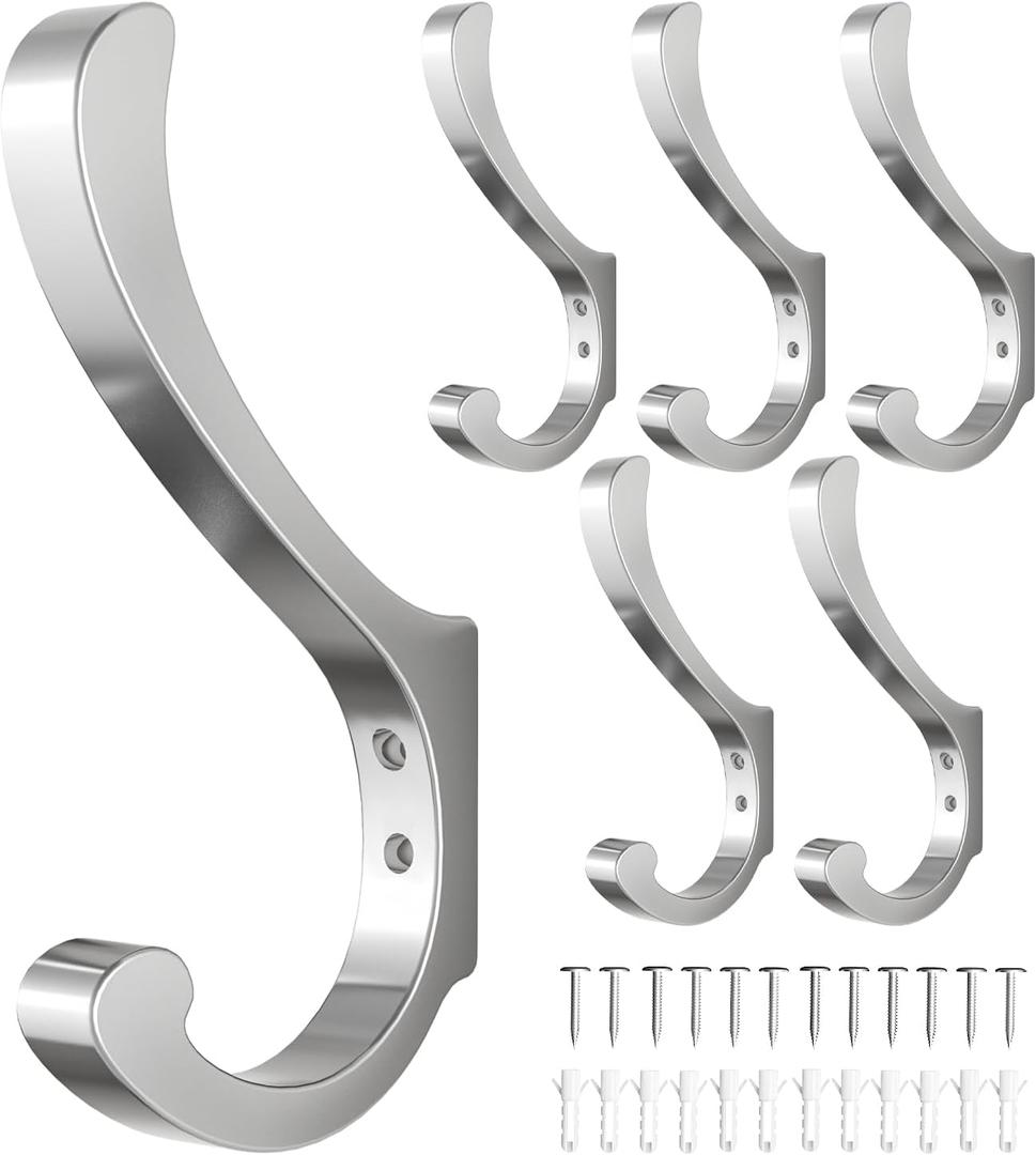 Coat Hooks Wall Mount for Hanging - Large Heavy Duty Backpack Hooks for Wall, Hold up to 30 lbs, Big Hanger Hooks for Towels, Purses, Clothes, Mudroom, Bathroom, Door, Silver, 4 Pack