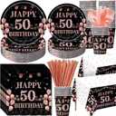 452 Pcs 50th Birthday Decorations for Women Black and Rose Gold 50th Birthday Paper Plates Cups Napkins Tablecloth Cutlery Straws for Girls Women 50 Year Old Party Supplies for 50 Guests