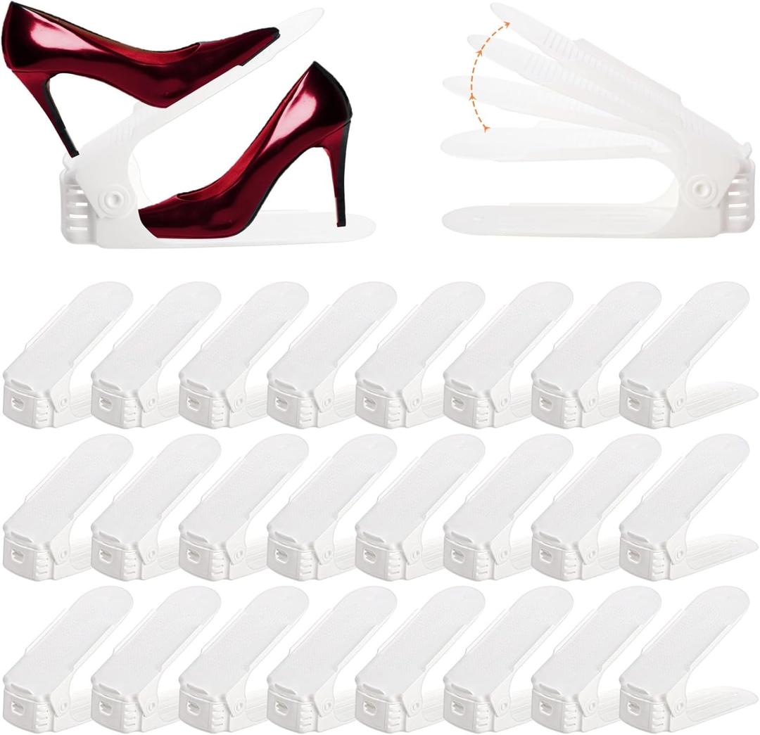 24 Packs Shoe Slots Organizer, Adjustable 4 Level Shoe Stacker, Double Layer Stack Shoe Holder, White Plastic Shoes Space Saver, Thickening Shoe Rack Holder for Closet Organization