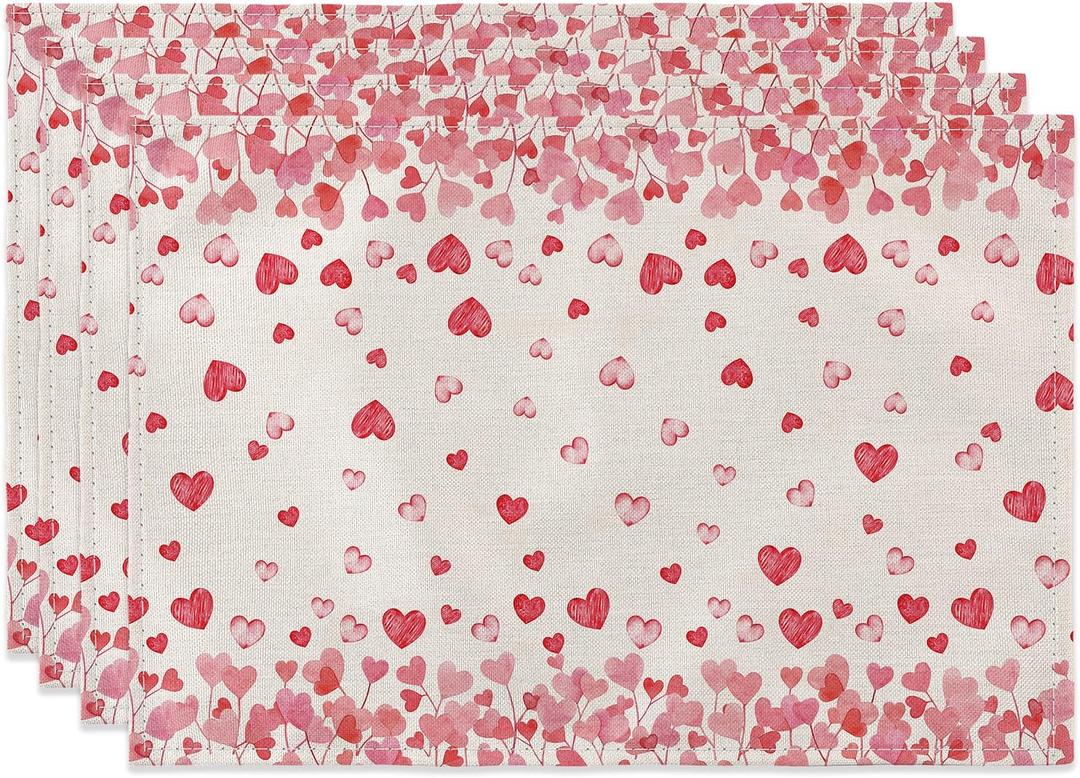 Larponder Happy Mother's Day Place Mats, Pink Love Heart Pattern Table Decor, Fabric with Wrinkle Resistant, for Anniversary Wedding Home Party Indoor Outdoor Decoration (12x18 Inches Set of 4)