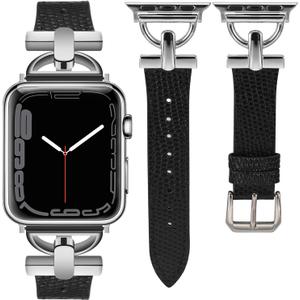 Wearlizer Leather Band Compatible with Apple Watch Bands Women 41mm 40mm 38mm 49mm 46mm 45mm 44mm 42mm, Fancy Dressy Strap for iWatch Series 11 10 9 8 7 6 5 4 3 SE/Ultra 3 2 1 (Lizard Black/Silver)