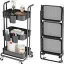 DTK 3 Tier Foldable Rolling Cart, Metal Utility Cart with Lockable Wheels, Folding Storage Trolley, 3 Small Baskets and 6 Hooks for Living Room, Kitchen, Bathroom, Bedroom and Office, Black