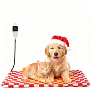 Dog and Cat Heating Pad, 12 Adjustable Temperature & Timer with Chew Resistant Cord, Indoor Pet Heated Bed Mat for Cats and Dogs (Red, 35.4x23.6in)