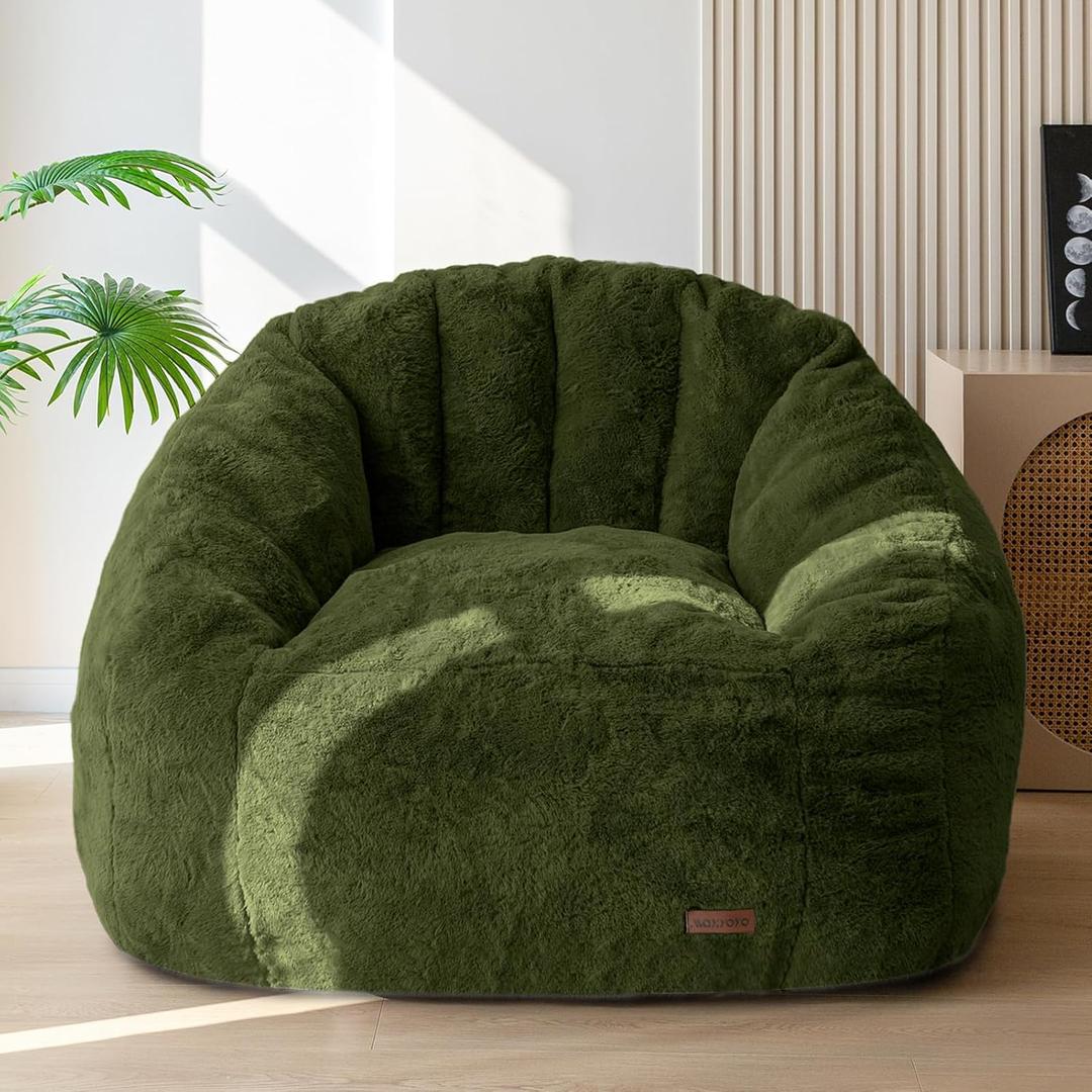 MAXYOYO Giant Bean Bag Chair, Oversized Bean Bag Couch for Adults and Kids, Faux Fur Shell-Shaped Large Chair with Filler, Stuffed Big Accent Sofa Floor Sofa for Gaming, Reading, Green
